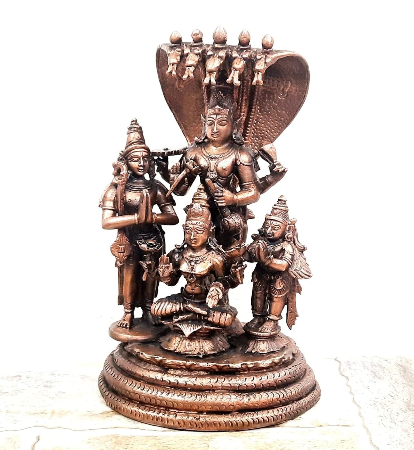 Brownish-Orange Copper Idols, 19 Cm, Handmade Sitting Lakshmi Narayana With Mahalakshmi, Adhiseha, Garuda, Naradha 2.223 Kg, Patina Antique Finish, Pack Of 1 Piece