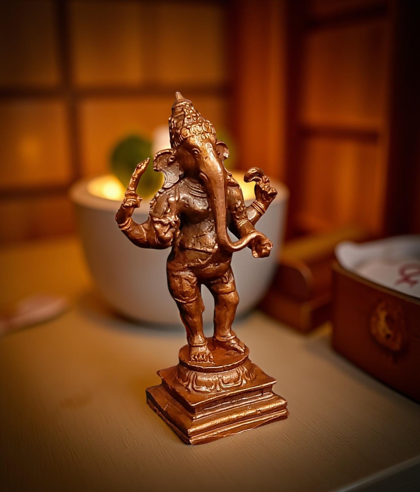 Brown Copper Idols India, 3.3 Inches, Handmade Standing Ganesh Idol 139Gram, Patina Antique Finish, Pack Of 1 Piece