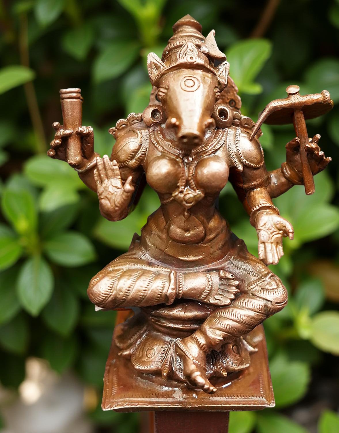 Brownish-Orange Copper Idols India, 4.1 Inches, Handmade Goddess Varahi, 570 Gram, Patina Antique Finish, Pack Of 1 Piece