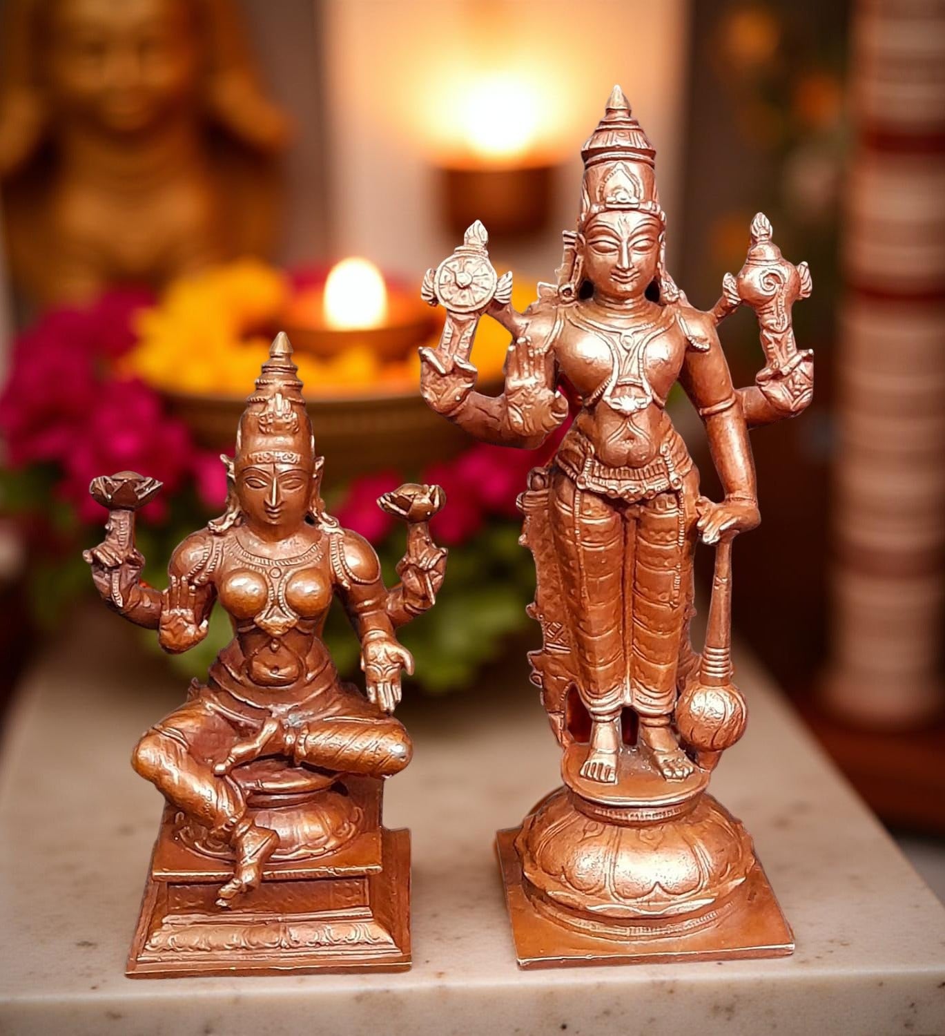 Brown Copper Idols Of God Srinivasa Perumal With Mahalakshmi, 6 Inches, 1.1 Kg, Patina Antique Finish, Pack Of 2 Piece