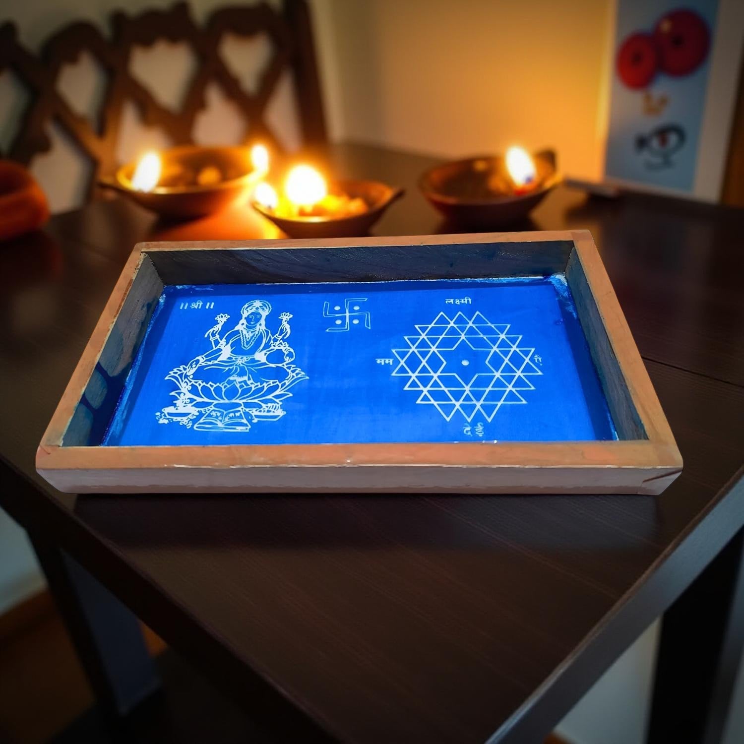 Unikraf  Aishwarya Kolam with Lakshmi Rangoli Stencil Wooden, 1 Piece (9x5 Inches)