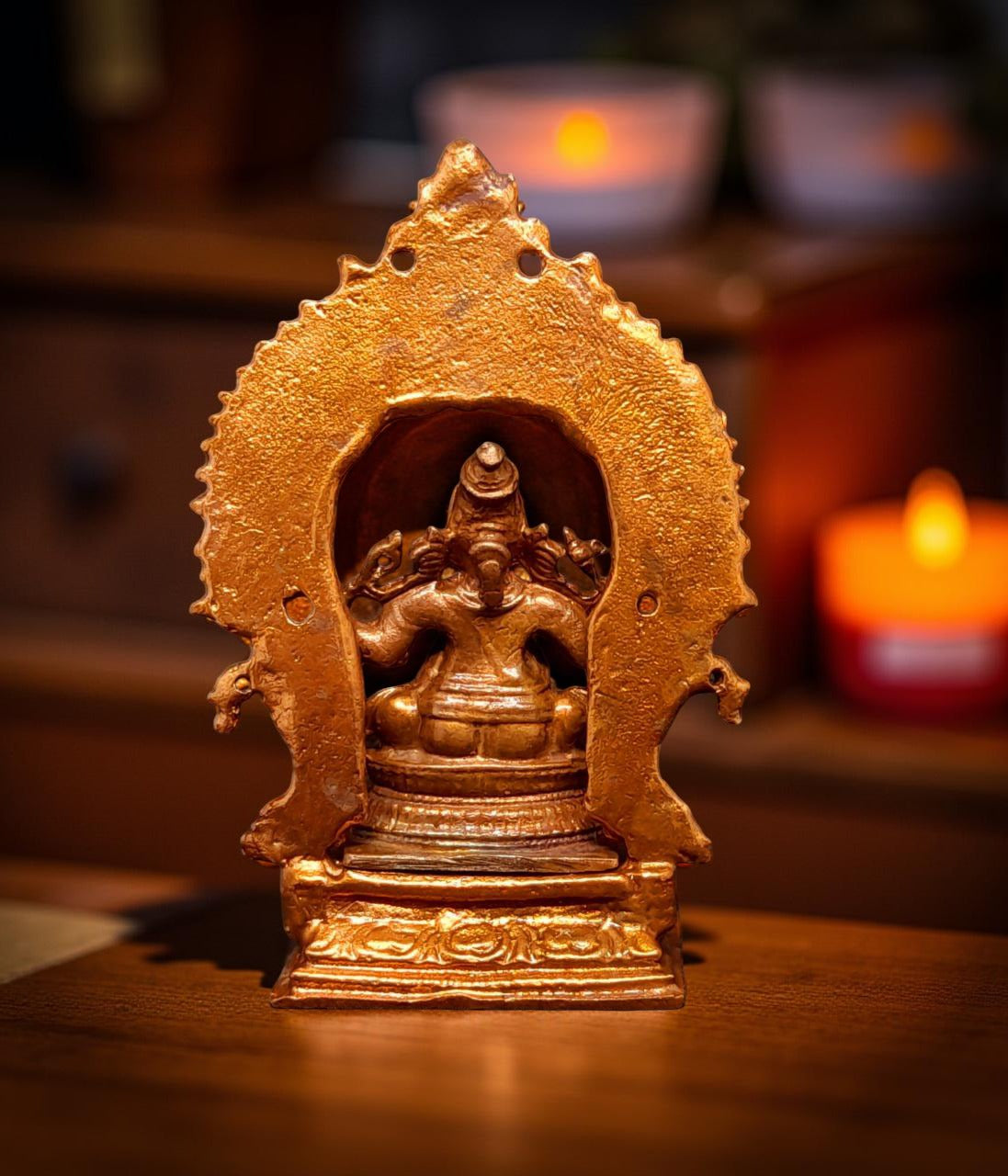 Brownish-Orange Copper Idols Of God Little Ganesh With Prabhavalli, 3 Inches, 100G, Patina Antique Finish, Pack Of 1 Piece