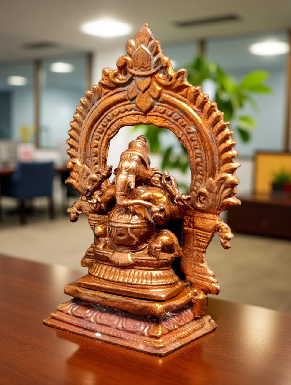 Brownish-Orange Copper Idols Of God Little Ganesh With Prabhavalli, 3 Inches, 100G, Patina Antique Finish, Pack Of 1 Piece