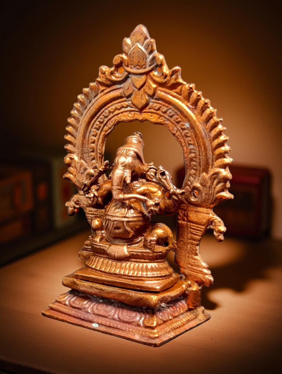 Brownish-Orange Copper Idols Of God Little Ganesh With Prabhavalli, 3 Inches, 100G, Patina Antique Finish, Pack Of 1 Piece