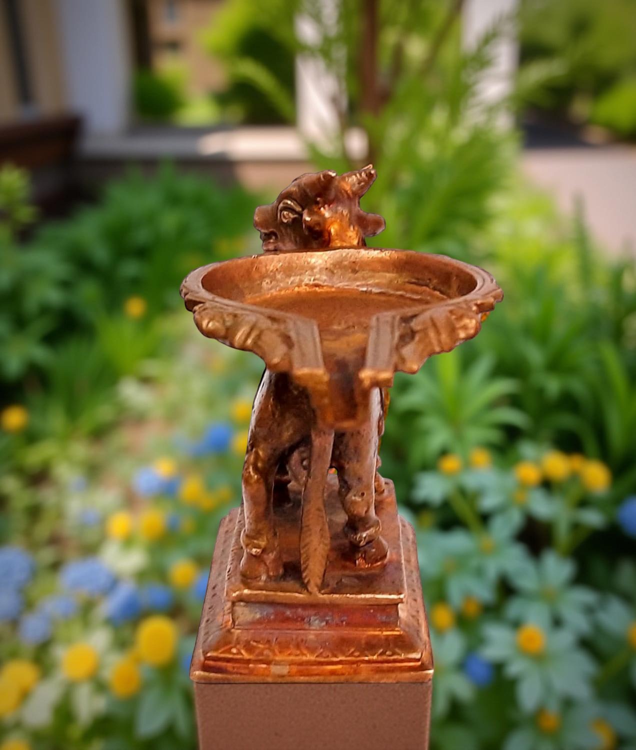 Brownish-Orange Copper Idols Of God Nandhi With Abishekam Plate, 2.7 Inches, 320G, Patina Antique Finish, Pack Of 2 Piece