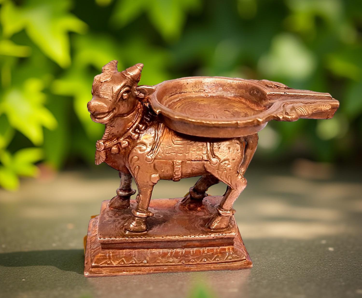 Brownish-Orange Copper Idols Of God Nandhi With Abishekam Plate, 2.7 Inches, 320G, Patina Antique Finish, Pack Of 2 Piece