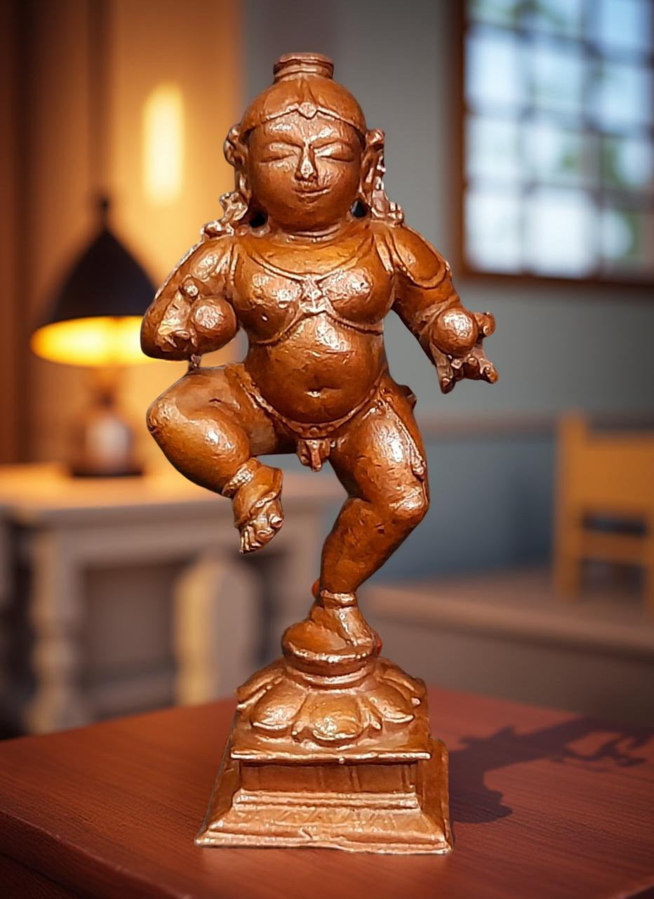 Brownish-Orange Copper Idols Of God Bal Krishna With Laddu By Unikraf , 3.3 Inches, 150G, Patina Antique Finish, Pack Of 1 Piece