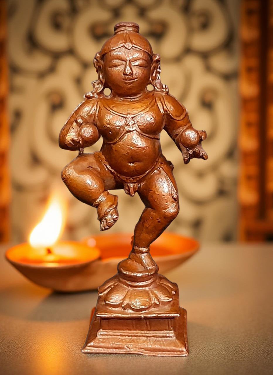 Brownish-Orange Copper Idols Of God Bal Krishna With Laddu By Unikraf , 3.3 Inches, 150G, Patina Antique Finish, Pack Of 1 Piece