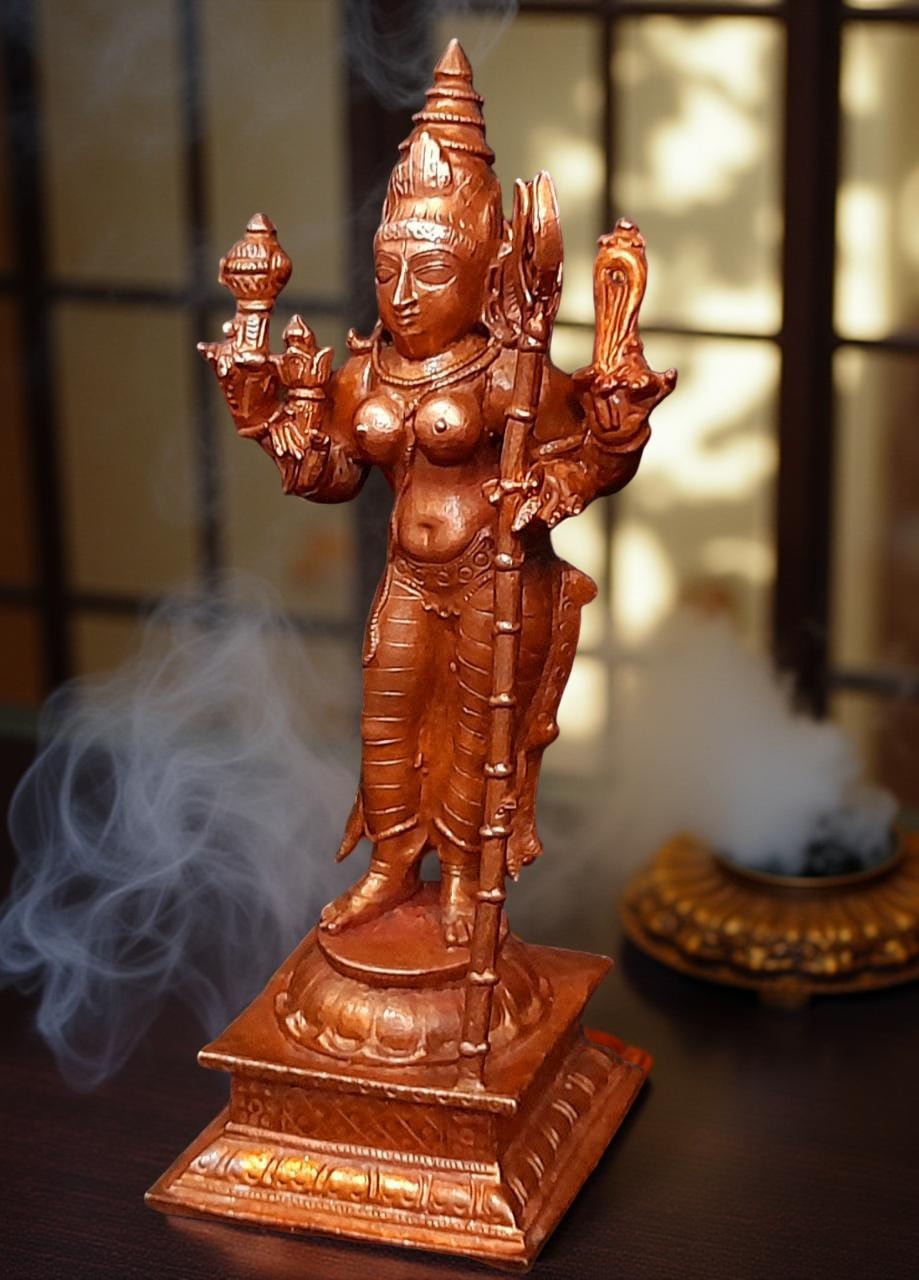 Brownish-Orange Copper Idols Of God Standing Raja Rajeswari, 5 Inches, 460G, Patina Antique Finish, Pack Of 1 Piece