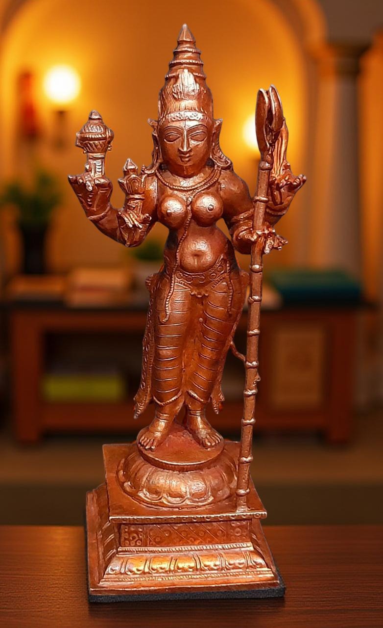 Brownish-Orange Copper Idols Of God Standing Raja Rajeswari, 5 Inches, 460G, Patina Antique Finish, Pack Of 1 Piece