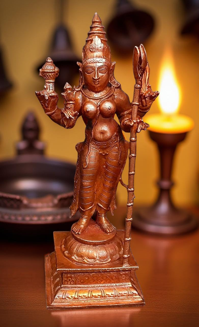 Brownish-Orange Copper Idols Of God Standing Raja Rajeswari, 5 Inches, 460G, Patina Antique Finish, Pack Of 1 Piece