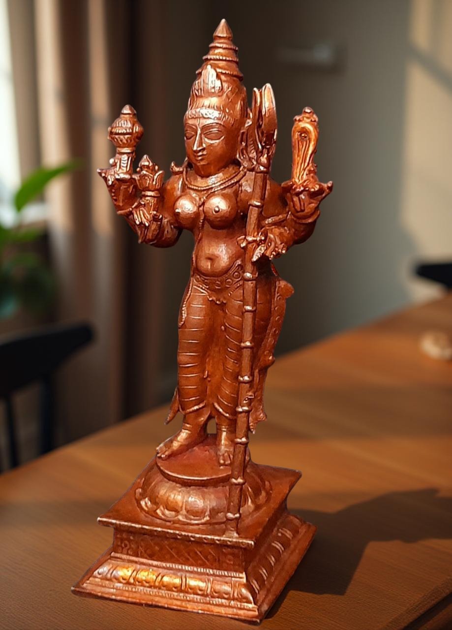 Brownish-Orange Copper Idols Of God Standing Raja Rajeswari, 5 Inches, 460G, Patina Antique Finish, Pack Of 1 Piece